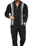 BURWOF Size L Black White Mixed Vertical Stripe Mens Polo Track Suit Sets Long Sleeve Mens Outfits 2 Piece Fashion Sweatsuit Comfy Casual Set for Men