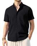 Alimens & Gentle Mens Linen Shirt Short Sleeve Casual Cotton Button Down Shirts Collared Summer Beach Shirts Black